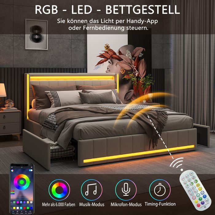 Cama doble de 180 x 200 cm, cama individual de 180 x 200 cm con 4 cajones, puerto USB e iluminación LED, estructura de cama con cabecero, tejido de lino, color beige.