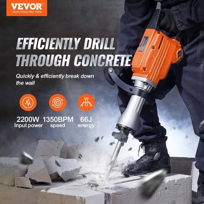 2200W Demolition Hammer - VEVOR - Rotary Hammer Drill - 4 Chisels 1350 BPM