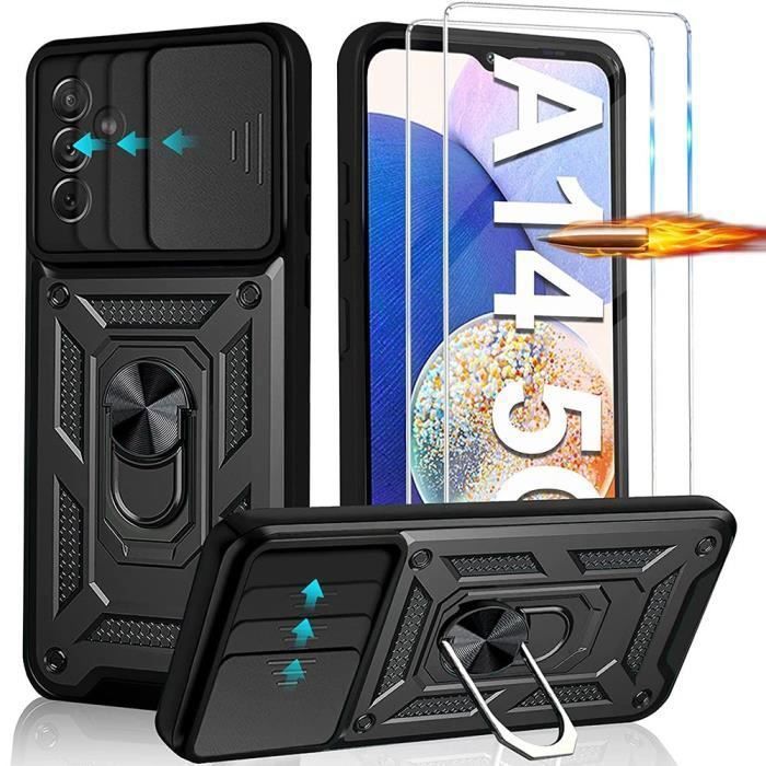 Case for Samsung Galaxy A14 - with 2 Tempered Glass Screen Protectors - Shockproof - 360° Rotating Ring - Lens Protector - Black