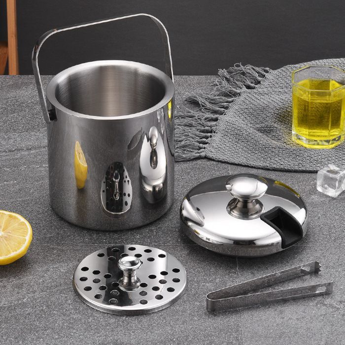 Cubitera isotérmica de 1,3 L con pinzas, de acero inoxidable, enfriador de botellas para bares, fiestas y picnics.