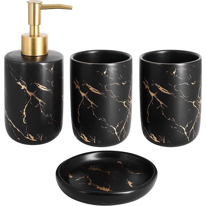 Ensemble Accessoires Salle de Bain - PNUATICM - 4 Pièces - Céramique - Noir - Distributeur Savon