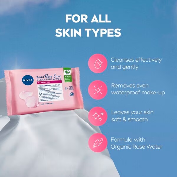 NIVEA Rose Care Micelárne čistiace obrúsky<br>25 kusov - Všetky typy pleti
