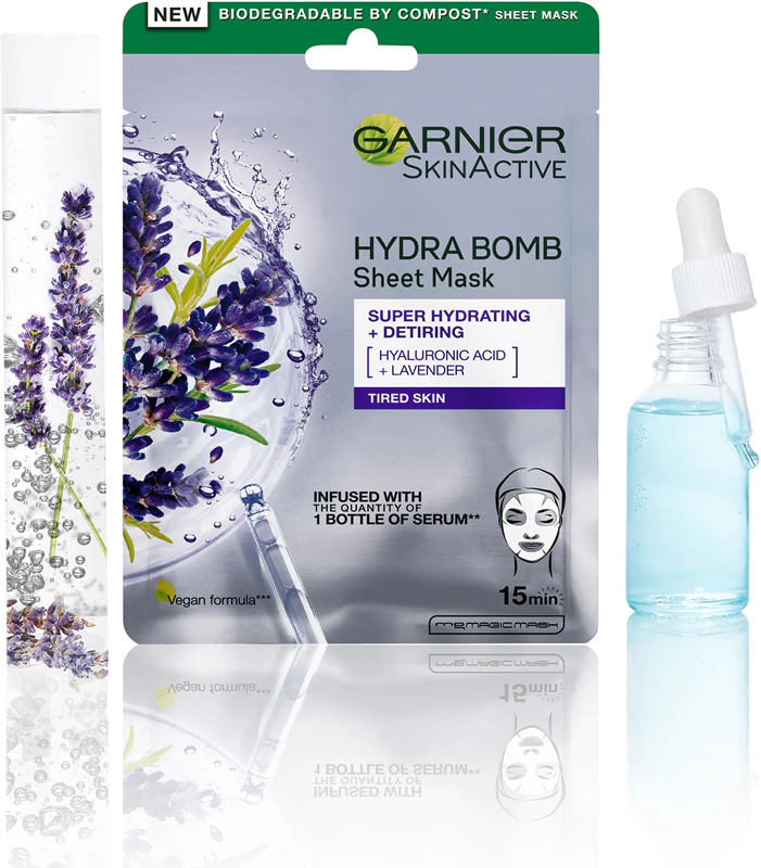 Máscara facial em tecido Garnier Hydra Bomb com efeito altamente hidratante e nutritivo.