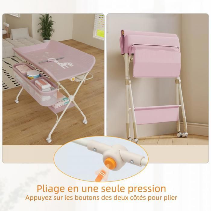 MIPAN.Table à Langer Pliable -  Tables à Couches pour Bébé  +  Nouveaux-Nés - Hauteur réglable - Avce Sac de rangement - Rose