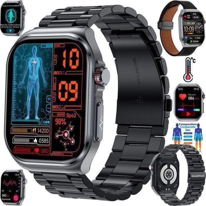 Reloj inteligente XtraDiTech con ECG, monitor de frecuencia cardíaca, VHR, termómetro, pantalla AMOLED de 2,04