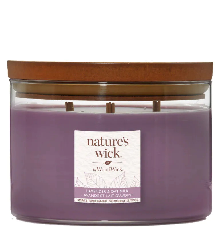 Woodwick Natures Wick Świeca w Szkle z 3 Drewnianymi Knotami Lavender & Oatmilk