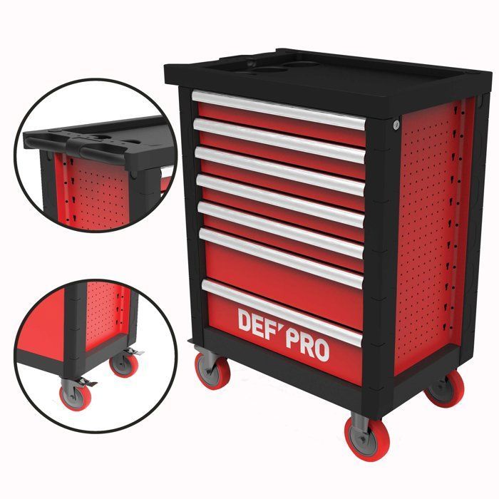 Carro de taller de 7 cajones + 283 herramientas - Defpro - Negro/rojo - Capacidad de carga de 300 kg - Ruedas con freno