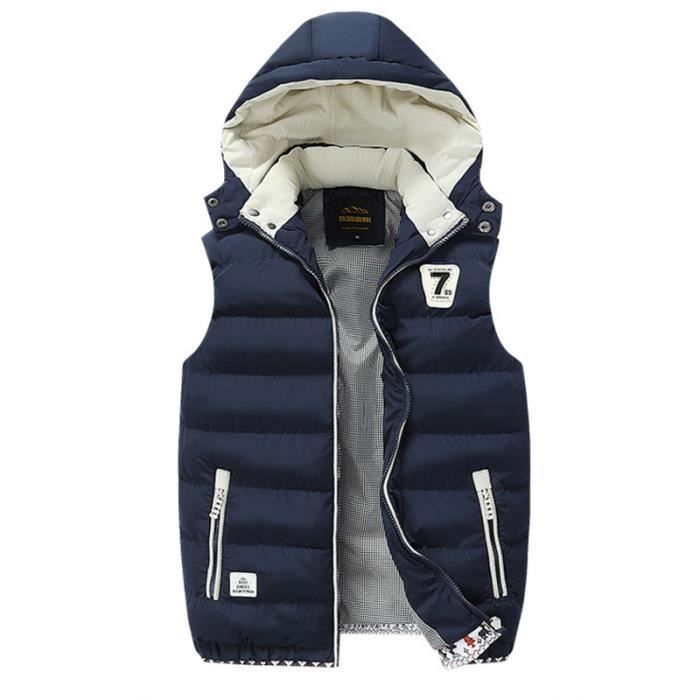 Chaqueta acolchada para hombre, sin mangas, con cuello alto y cremallera, chaqueta de plumas cálida con capucha para otoño e invierno - Azul