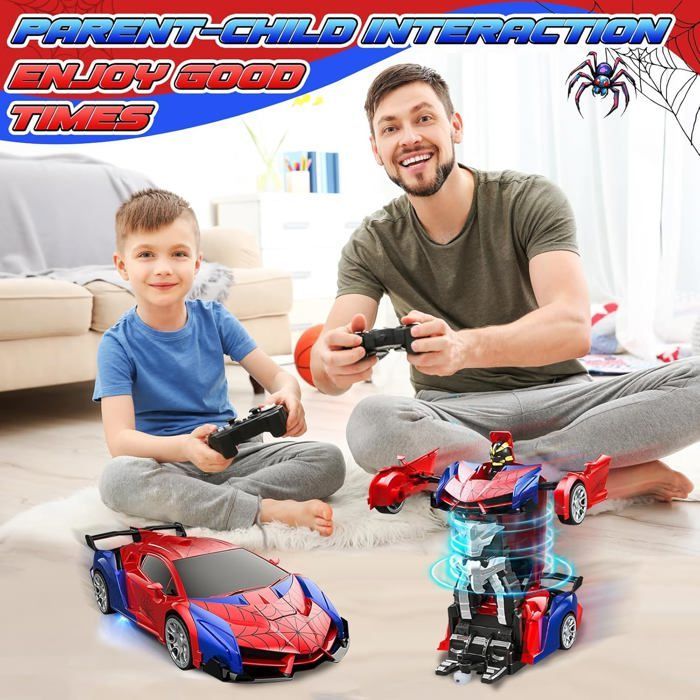 Coche de juguete transformable 2 en 1 con control remoto, luces LED, rotación de 360° y batería recargable por USB. Regalo ideal para niños y niñas.