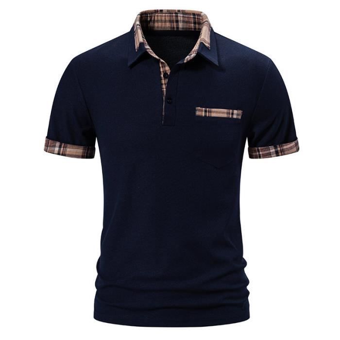 Polo de verano para hombre de color liso a cuadros con bolsillo en el pecho - Azul marino