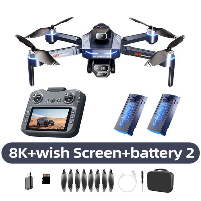 GT8 Professional Drone with Blue 8k Battery, 2 FPV Aerial Cameras, Obstacle Avoidance, Large Screen, Folding Remote Control, and RC