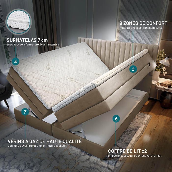 Letto matrimoniale ADÈLE - materasso e base elettrica regolabile - 180x200 cm - velluto beige