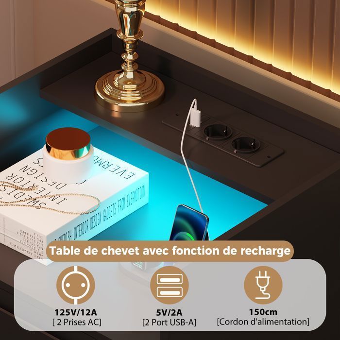 Lot de 2 Table de Chevet 40×35×68cm, 3 Tiroirs, 2 USB Ports et 2 Prises, LED Réglable, Moderne, Scandinave, Noir
