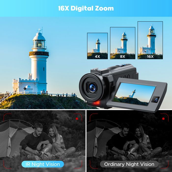 Câmera de vídeo Camark 5K+1080P com lente dupla de 56MP, tela sensível ao toque de 3