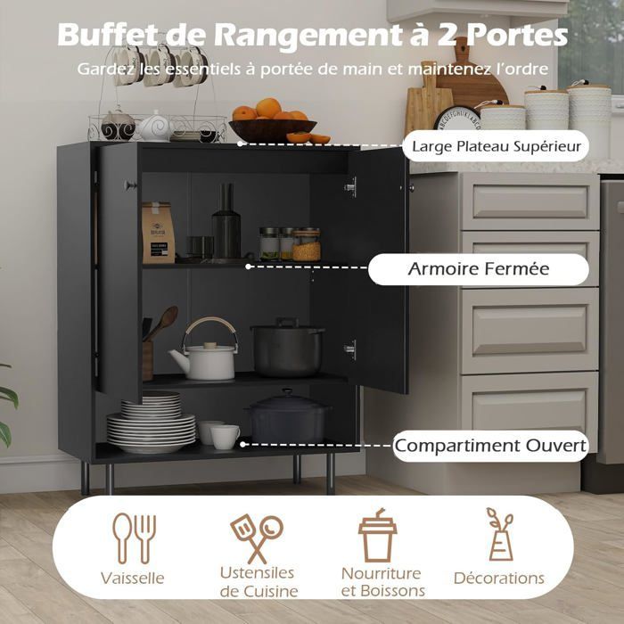 Aparador de cocina COSTWAY de 2 puertas, estante ajustable, kit antivuelco, mueble de almacenamiento para comedor/sala de estar, color negro.