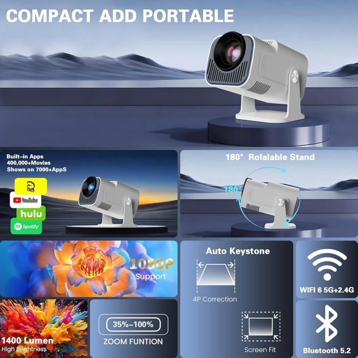 Proyector portátil TRAHOO 4K - Full HD 1080p - WiFi 6 - Bluetooth 5.2 - Corrección trapezoidal - Zoom del 50% al 100%
