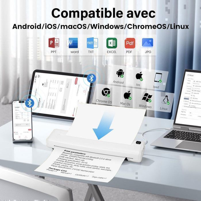 Bluetooth Printer with 100 A4 Paper Sheets (210 x 297 mm), Thermal Printer, Compatible with Android, iOS, and Windows