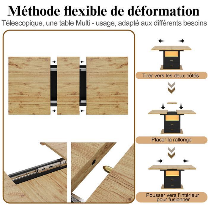 Mesa de comedor extensible con iluminación LED, mesa de cocina de madera con espacio de almacenamiento, para 6 personas, 110-140x80x75