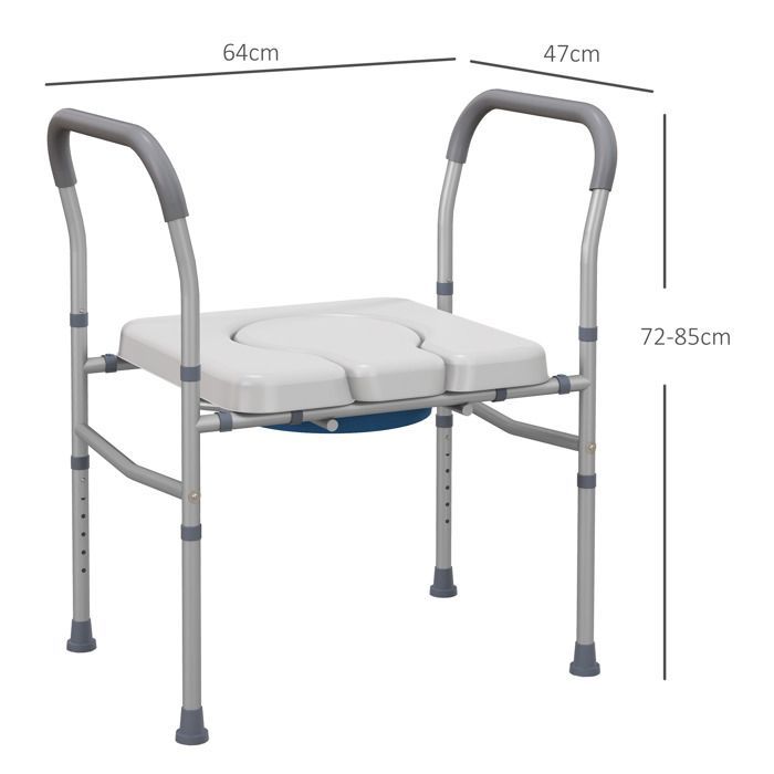 Asiento de inodoro perforado - HOMCOM - Asiento de inodoro acolchado multifuncional ajustable 4 en 1 con asa, capacidad de 136 kg - acero - gris