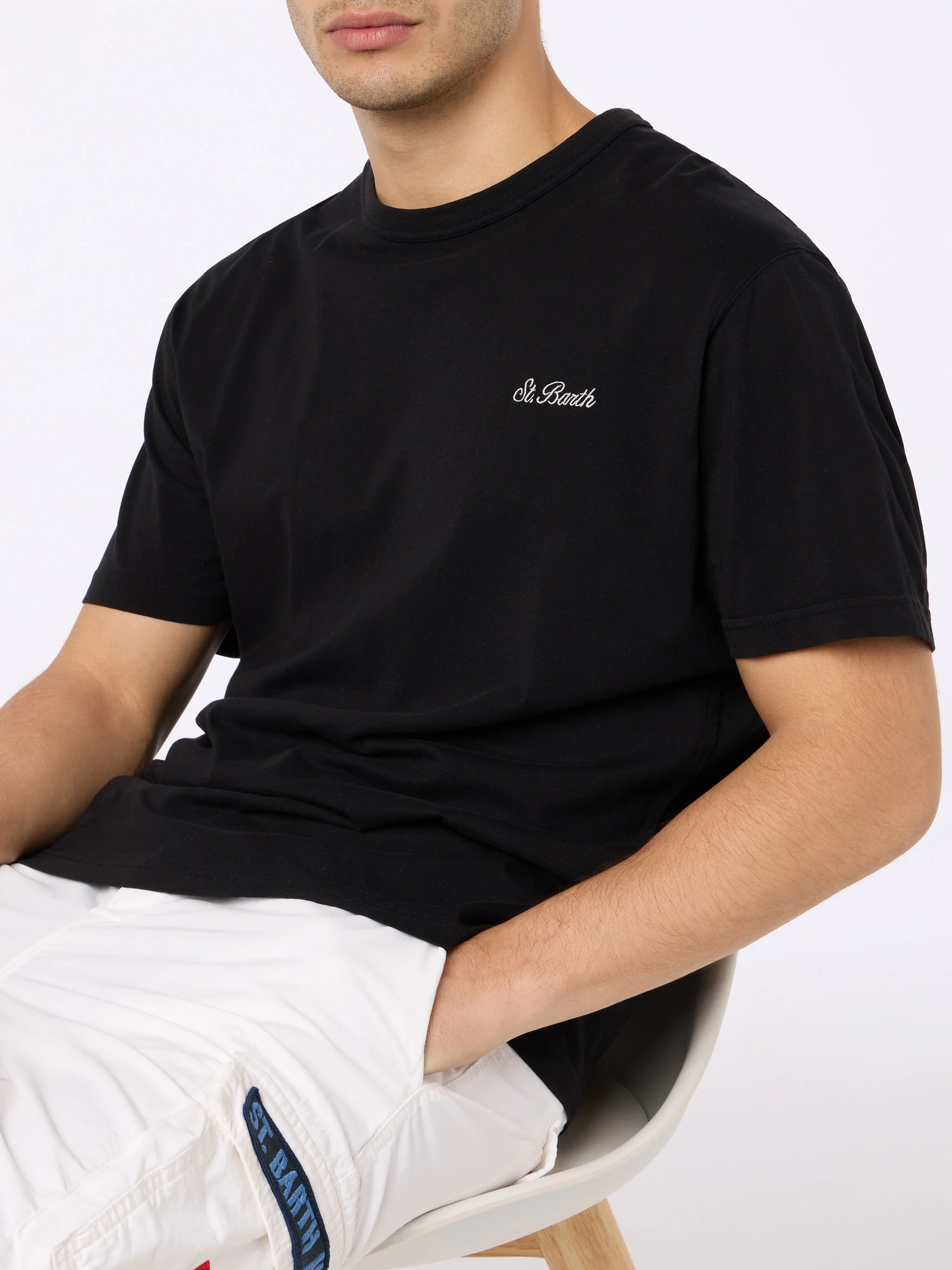 Camiseta negra de punto de algodón Dover para hombre con bordado de St. Barth
