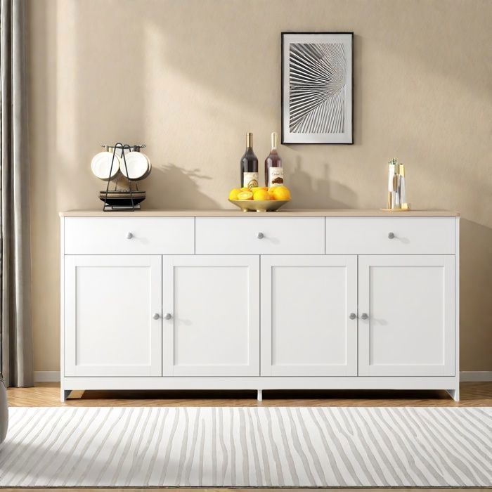 Modern Buffet, Low Buffet, Sideboard with 3 Drawers and 4 Doors, Storage, Kitchen Cabinet, 160x37x75cm, White, For Living Room, Kitchen