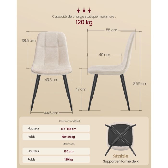 VASAGLE Dining Chairs, Set of 4, Metal Frame, Adjustable Feet, Chenille Fabric, Textured PU Leather, Cream White