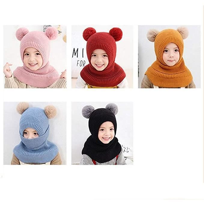 XJYDNCG Cagoule Bébé Fille Garçon Mignon Bonnet Echarpe Hiver Chaud Cache Oreilles Chapeaux Tricoté Enfant Double Pompon