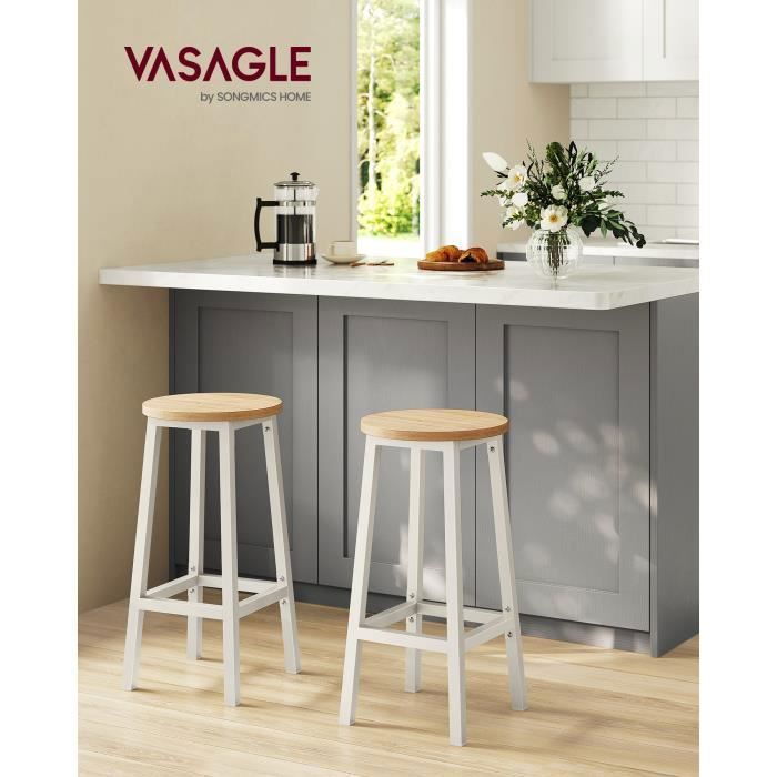 Taburete de bar - VASAGLE - Juego de 4 - Roble beige - Blanco - Asiento alto - Estructura metálica