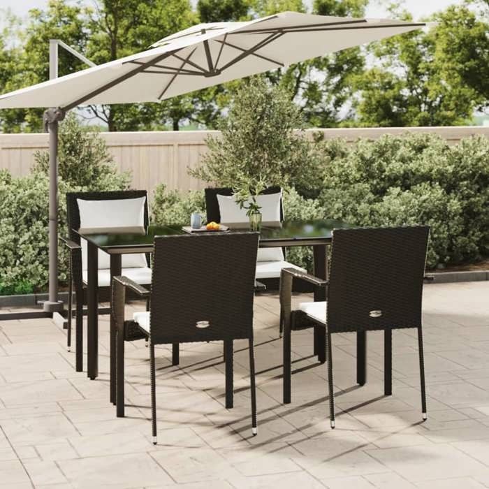 Conjunto de jantar para jardim - BURKE - Resina trançada - 5 peças - Preto - Almofadas branco-creme - Mesa 140x70x74 cm