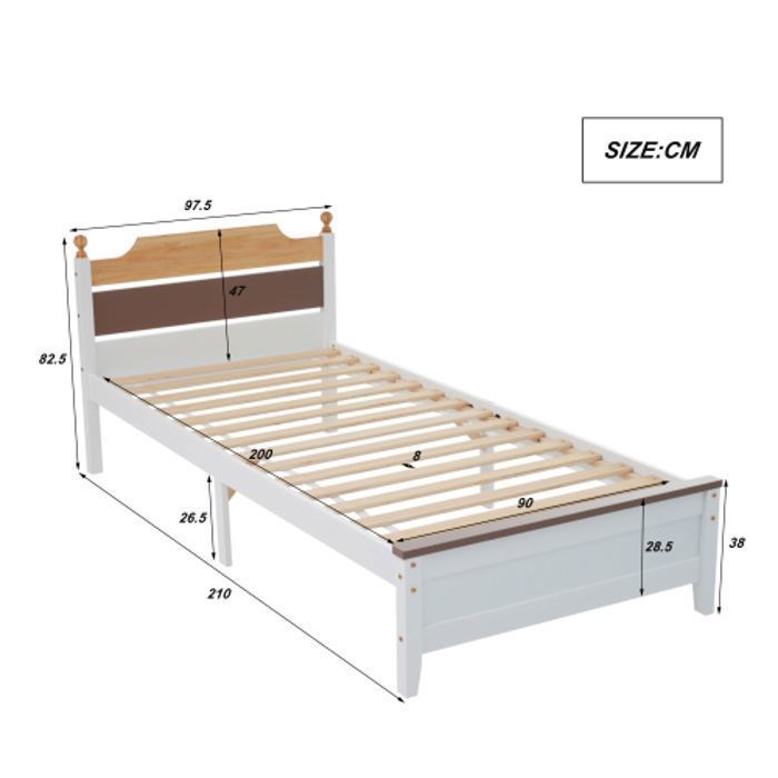 Cama individual de 90x200 cm, cama de adulto con cabecero, estilo blanco con bloques de color, estructura con pata central, MDF