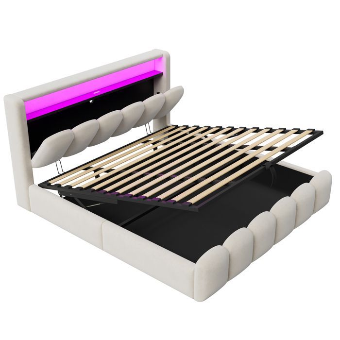 Letto contenitore imbottito 180x200 - USB + Type-C - Con luce LED - Velluto - Beige (materasso non incluso)