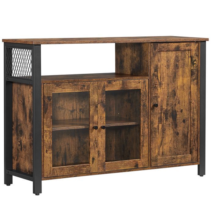Mueble de almacenamiento VASAGLE, aparador, armario de cocina, vitrina, con 3 puertas, 33 x 110 x 75 cm, marrón rústico y negro.