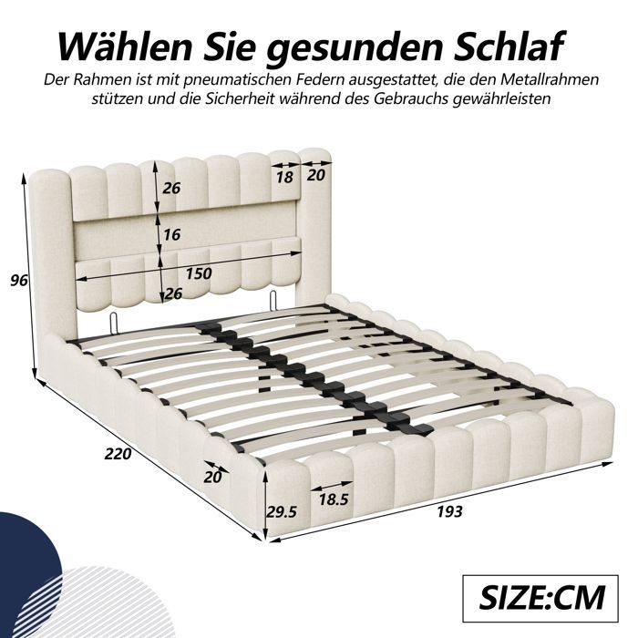Cama de almacenamiento de 180x200 cm con carga USB tipo C e iluminación LED, cama doble hidráulica con somier de láminas, cama funcional, almacenamiento, lino beige.