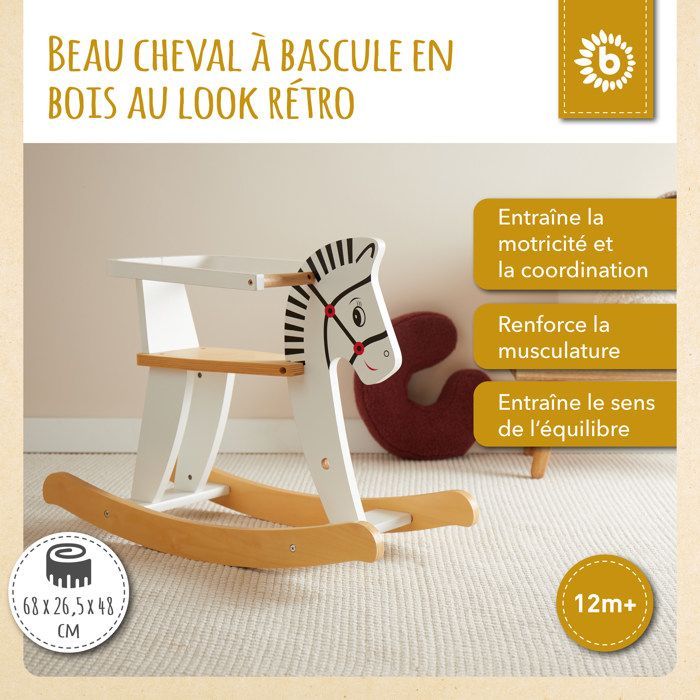 Brinquedo - BIECO - Cavalo de Balanço Zebra de Madeira - Apoio para os Pés - Estrutura de Segurança - A partir de 1 ano