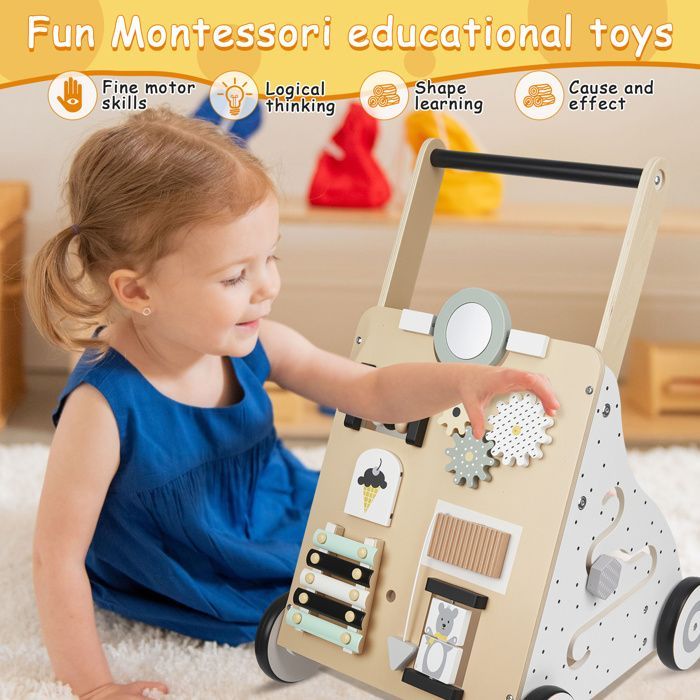 Girello in legno Montessori con centro attività e ruote gommate, ausilio stabile per bambini piccoli, giocattolo in legno
