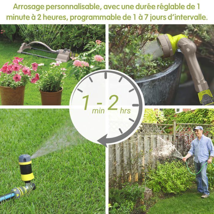 Temporizador de riego sin presión - 2 zonas - Duración ajustable de 1 min a 1 h - Intervalo programable de 1 a 7 días