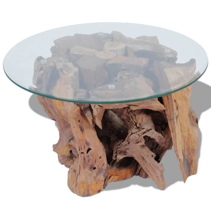 Table basse - VINGVO - Bois flottant de teck massif - Verre trempé - Style vintage