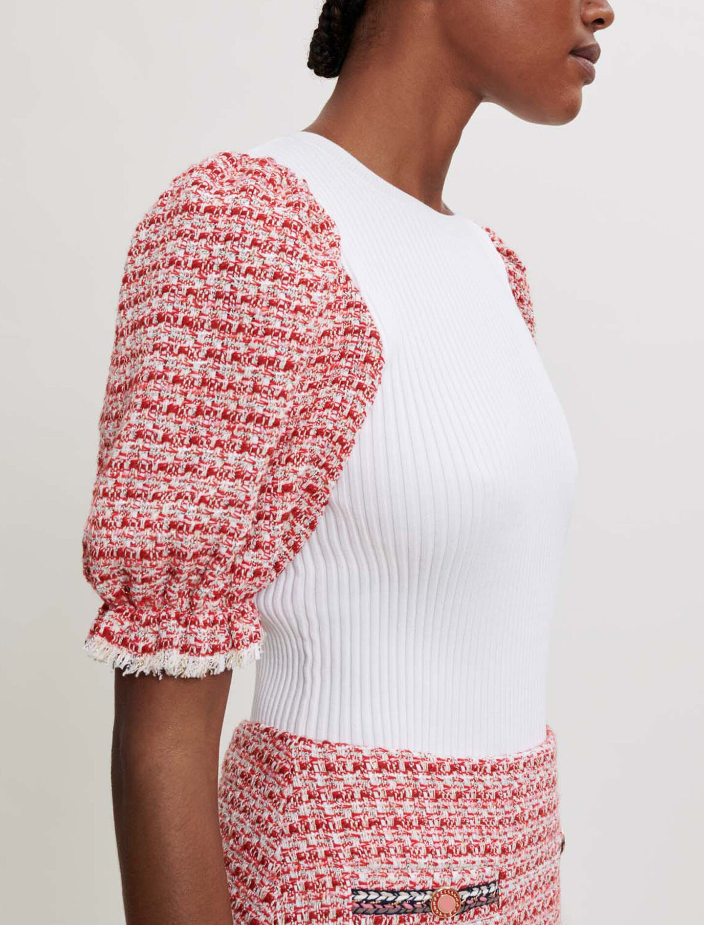 Pulover tricotat tweed cu mâneci - Raw