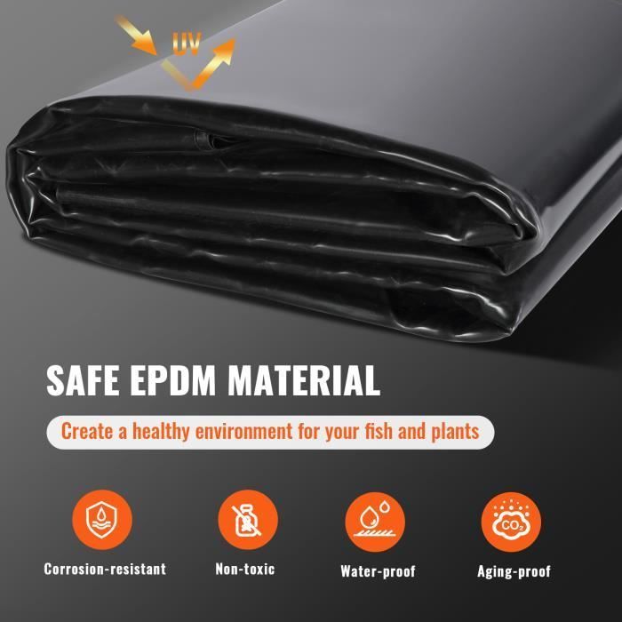 Bâche Bassin - VEVOR - 4,6 x 6 m 1,5 mm,Sous-couche EPDM,noir,pour Étangs à Poissons, Carpes Koi, Jeux d'Eau, Cascades,Fontaines