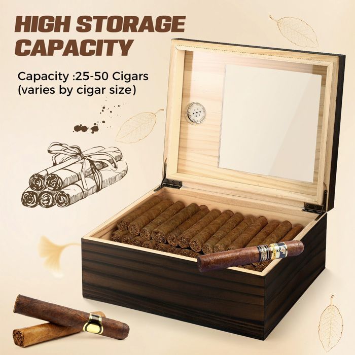 Humidor per sigari, scatola in legno a doppia parete con divisorio e igrometro digitale, per 25-50 sigari.