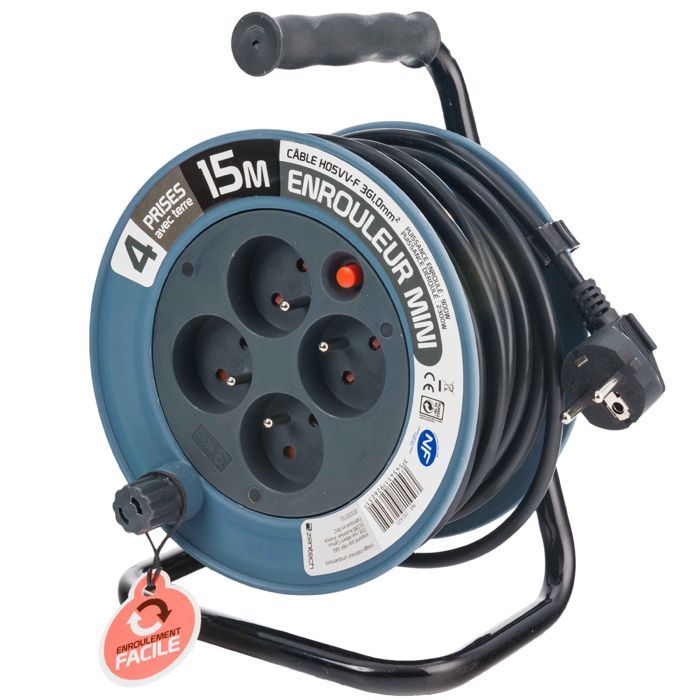 Enrollador de cable doméstico - ZENITECH - 15 m - 4 tomas - Metal - Gris