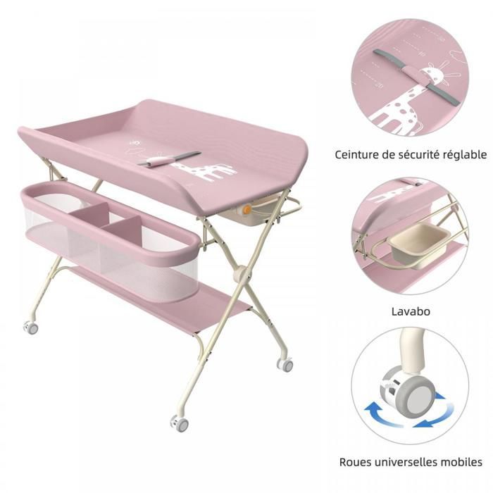 MIPAN.Table à Langer Pliable -  Tables à Couches pour Bébé  +  Nouveaux-Nés - Hauteur réglable - Avce Sac de rangement - Rose