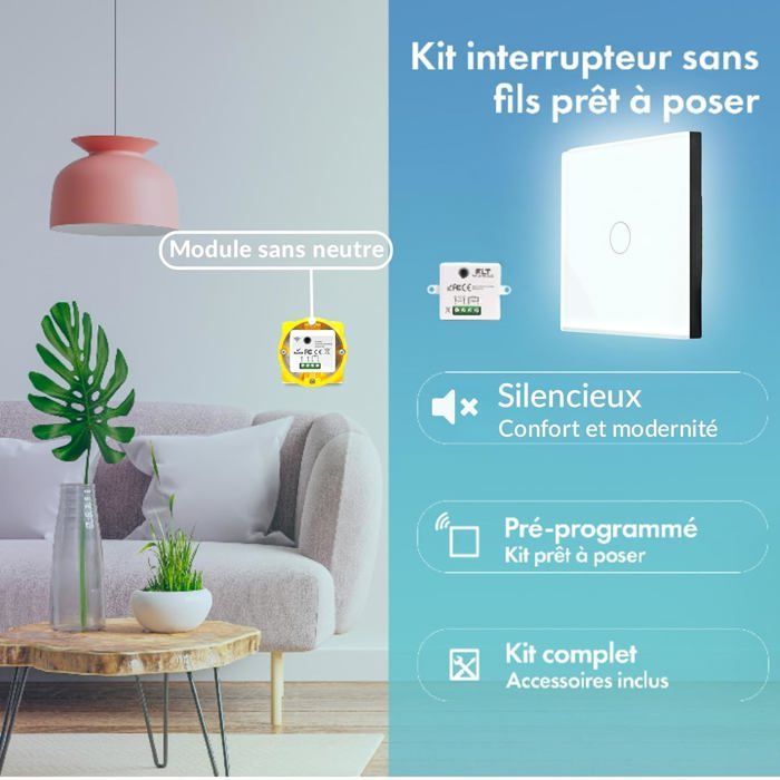 Wireless touch switch kit, no neutral required - Ready-to-install two-way switches - 5 wall-mounted remote controls + 1 radio module