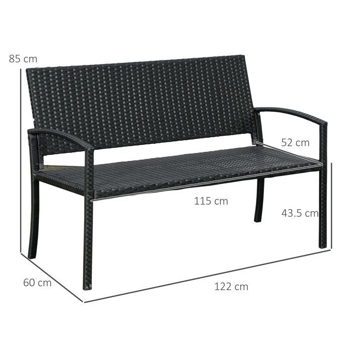 polyrattan banc de jardin banc de parc 2 places avec cadre en acier et tressé noir B122 x T60 X h87cm pour jardin et terrasse