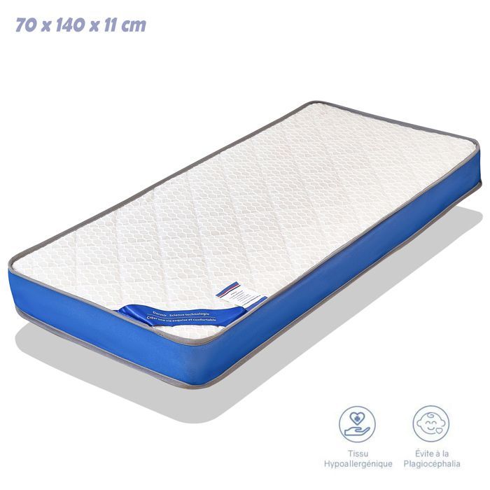 Colchón para bebé KITYTETY de 70x140 cm, 11 cm de grosor - Núcleo perforado y antibacteriano - 2 lados ultratranspirables - Azul