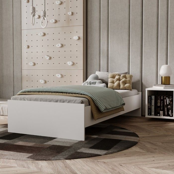 Cama infantil/juvenil KARO de 90x190 cm + somier de láminas, color blanco.
