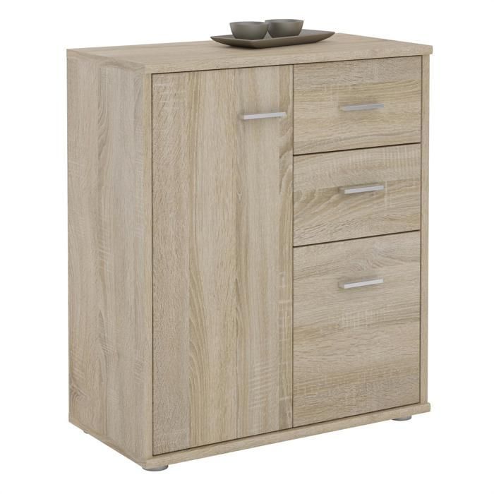 Buffet REMY, commode meuble de rangement avec 2 tiroirs et 2 portes, en mélaminé décor chêne sonoma