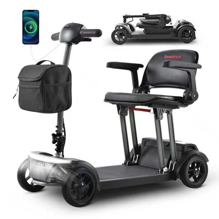 Scooter eléctrico de 4 ruedas AIR TRAVELLER, 180 W, asiento plegable, autonomía de 15 km, batería de litio de 12 Ah, movilidad para personas con movilidad reducida y personas mayores - Negro