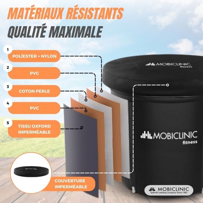 Banheira inflável Mobiclinic 350L para recuperação muscular, com tampa, 80x80x70cm, para gelo e água quente, estilo ártico.