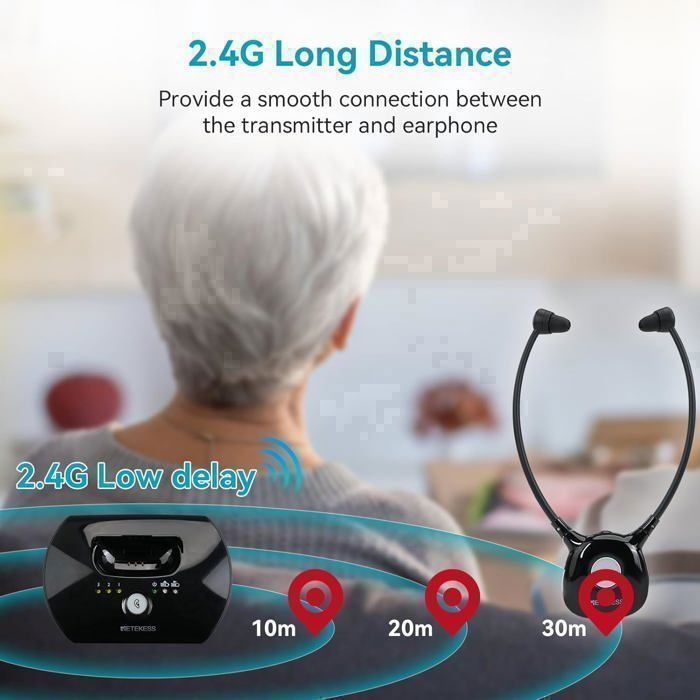 Cuffie TV wireless Retekess TA008, bassa latenza 2.4G, apparecchio acustico, 10 ore di autonomia, stereo, amplificazione del suono per anziani